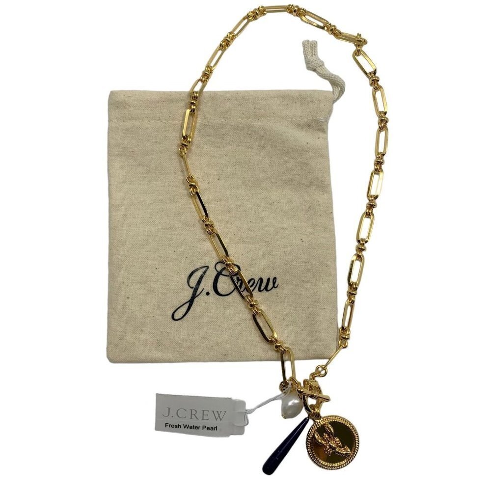 NEW J. Crew Burnished Gold Lobster Chain Necklace Freshwater Pearl - Picture 2 of 3